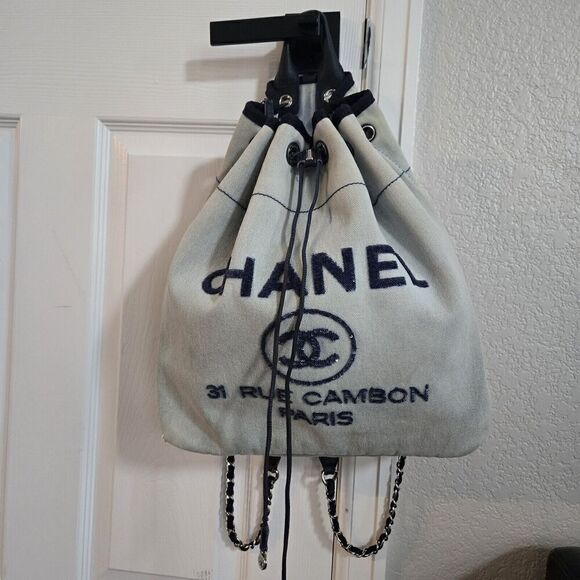CHANEL Deauville Large Denim Backpack Blue With Sequin